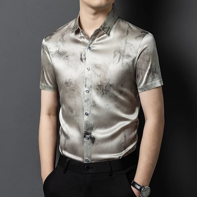 

High Quality Real Silk Men's Summer Short-Sleeved Shirt Youth Business Casual Light Luxury