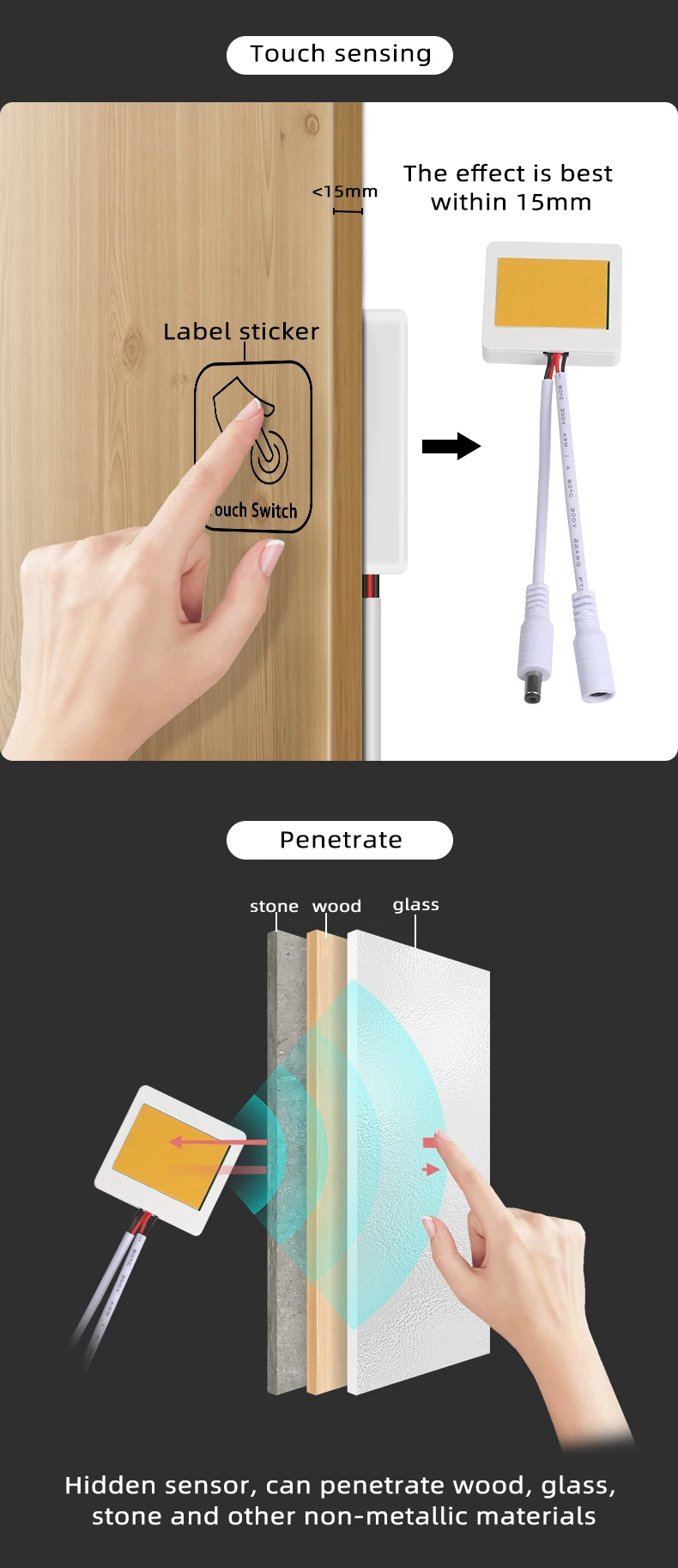 Ultradünner, durch Holz, Marmor, Keramik dringender, berührungsempfindlicher Schalter 12V 5A 60W LED-Touch-Sensor mit stufenloser Dimmfunktion – Detail 4