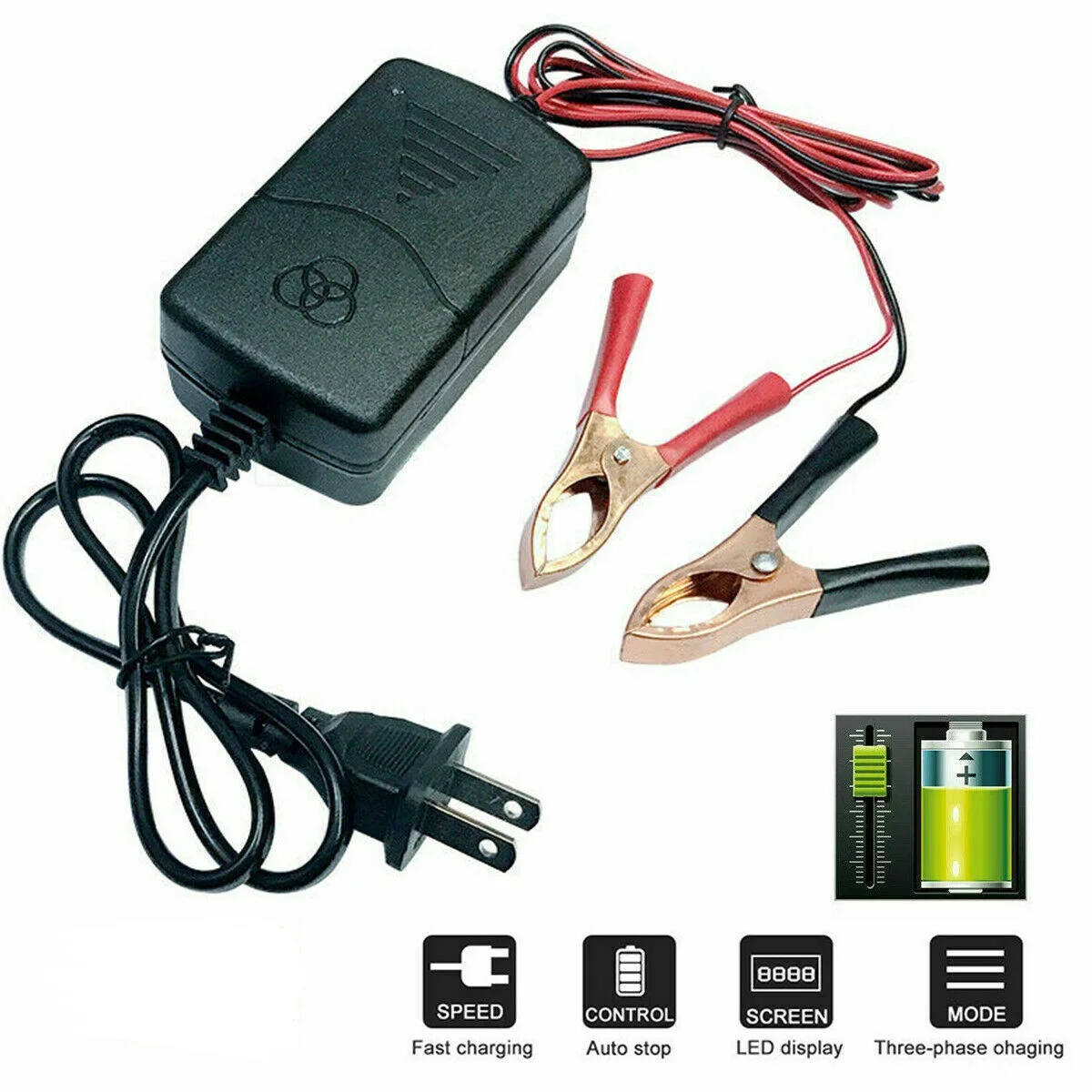 12V Automatic Battery Charger Replacement 1A Charging for Car Vecihle Truck Motorcycle Smart Compact Sealed Lead Acid EU/US Plug