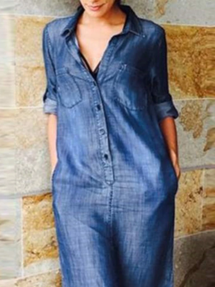 女性のレトロなロングデニムドレス,ストレートスリーブ,ラペルポケット,ロング,ハーフオープン,新しいファッション,エレガント