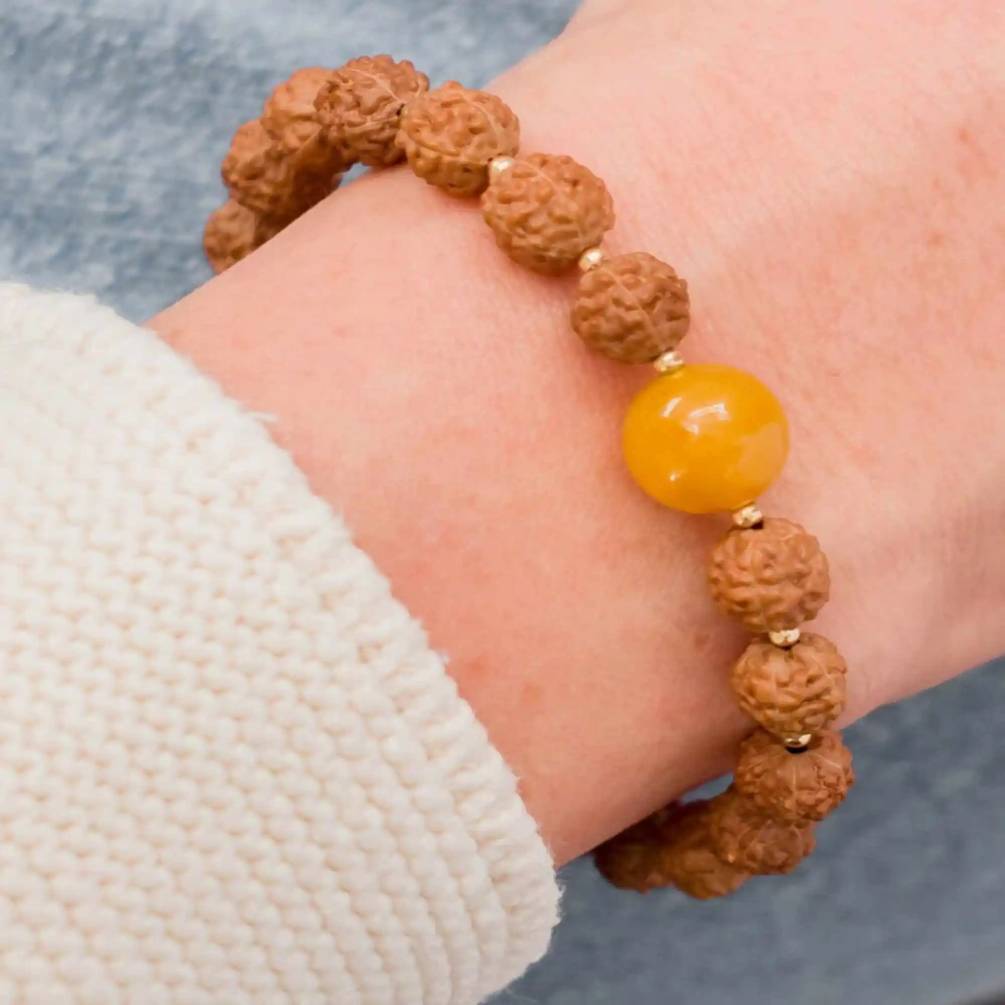 

Natural 6mm brown Rudraksha 10mm yellow Calcite 14K Gold fill bracelet Women Classic Relief National Style Taseel Calming Prayer