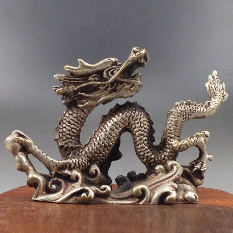 Chinese Silver Bronze Carved Lucky Dragon Statue Vintage Zodiac Figurine Home Desktop Collectible Ornament