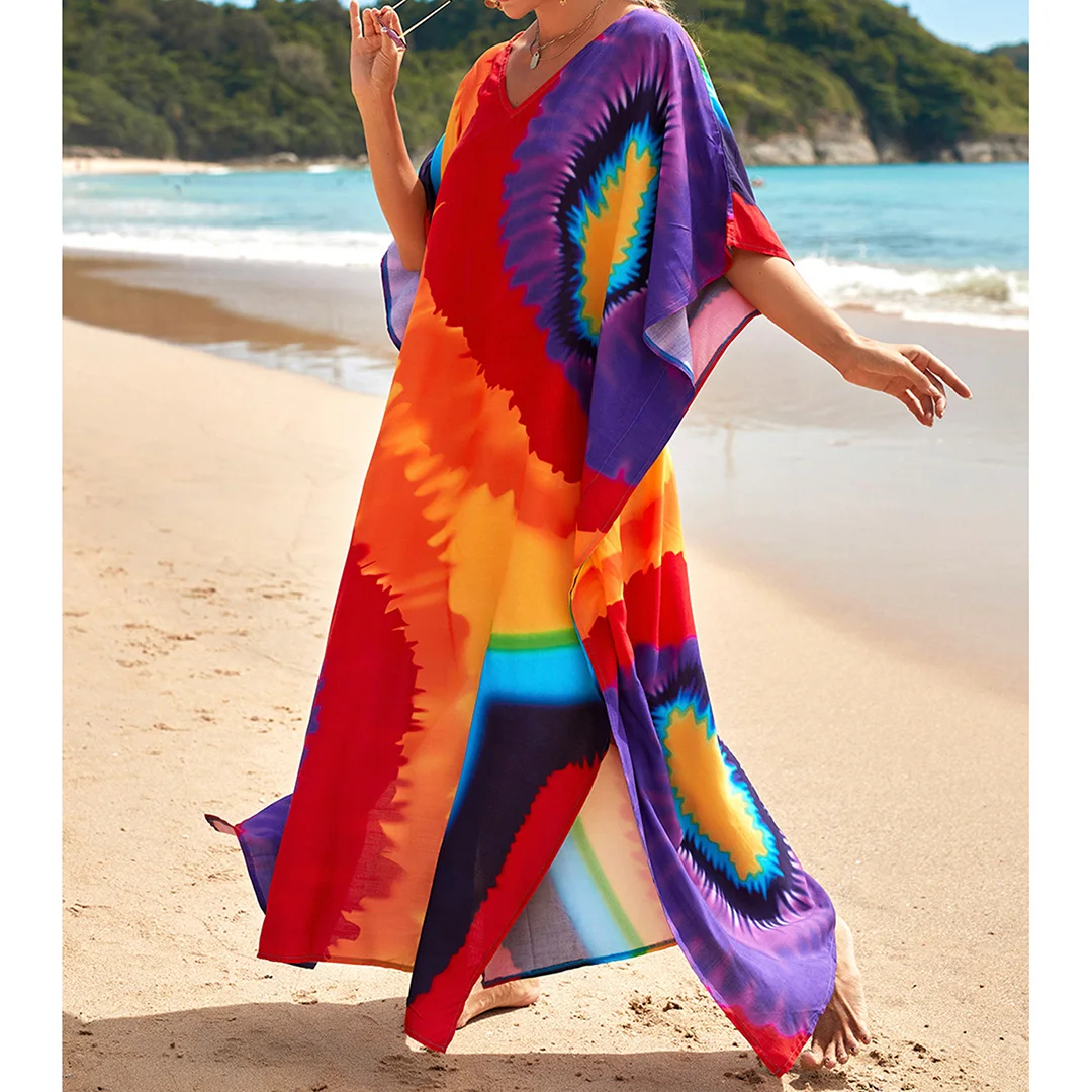 2026 Neues Buntes Kaftan-Tunika Strandkleid Strandmode Strandüberwurf Locker Sitzendes Maxikleid für Damen V4428 – Detail 25