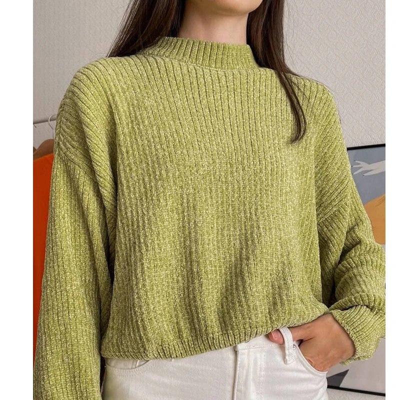 Hirsionsan-Suéter feminino grosso de Chenille, manga lanterna coreana, pulôver de malha, macio, quente, sólido jumper curto feminino