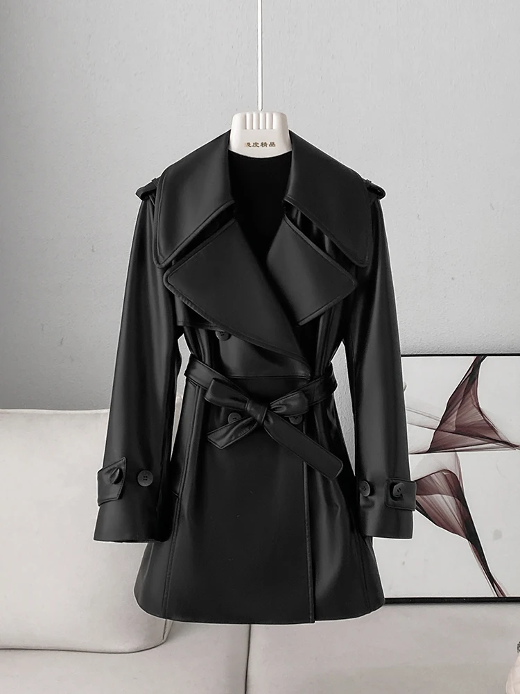 Genuine Leather Jacket For Women Plus Size 2025 Mid-length Spring And Autumn Fashion Brand Belt Lapel Short Trench Coat