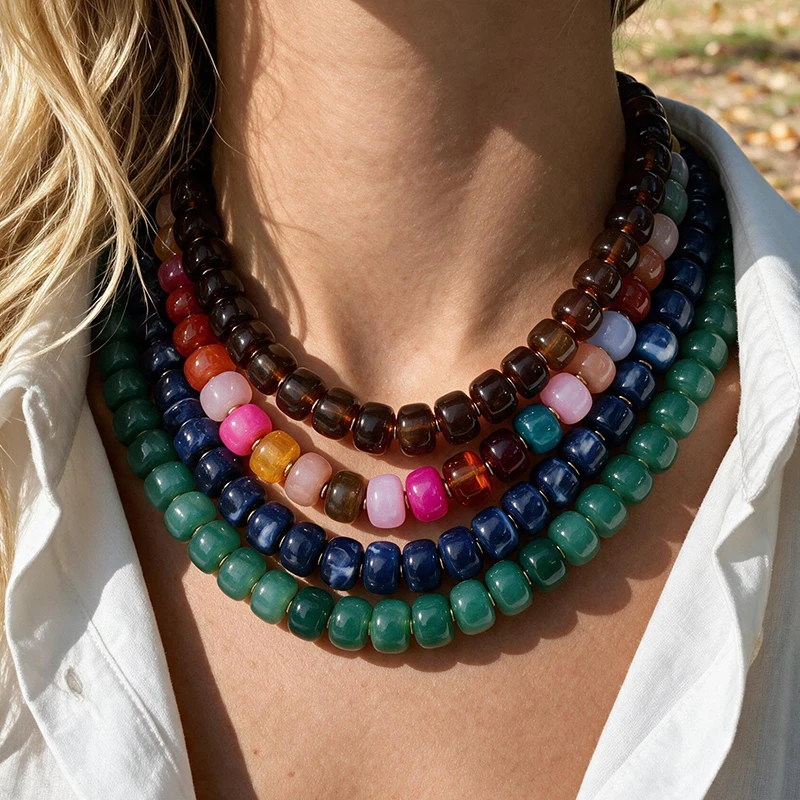 1pc Retro Multicolor Resin Flat Beaded Necklace Women Round Disc Bead Chain for Daily Party Wear Jewelry