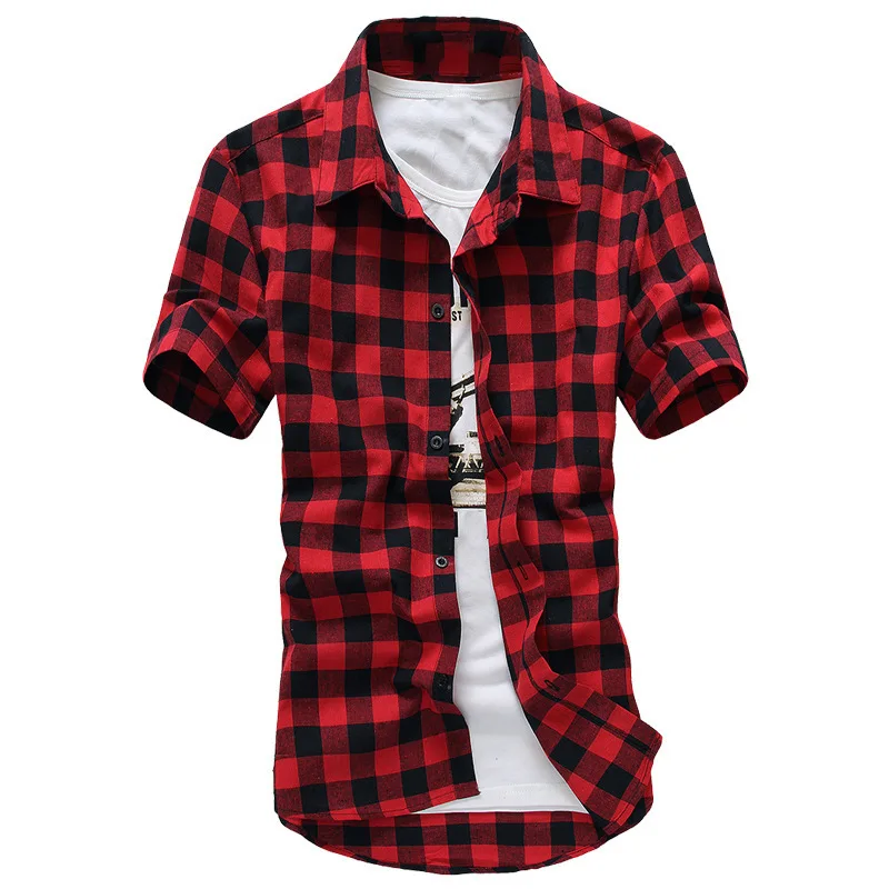 2023 Trendy Plaid Shirt Slim Short-sleeved Shirt Korean Style Youth Men\'s Casual Daily Lapel Shirt for Men