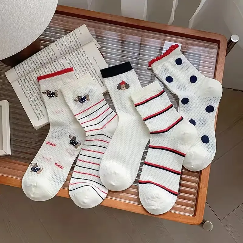 

5 Pairs New Mid-Calf Breathable Thin Women's Socks Summer Mesh Polka Dot Dog Versatile Knee High Socks Comfortable Home Socks