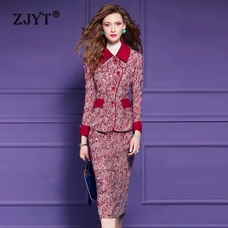 ZJYT Elegant Lady Woolen Blazer Suit Jacket and Skirt 2 Piece Matching Set for Women Autumn Winter 2024 Office Lady Party Outfit