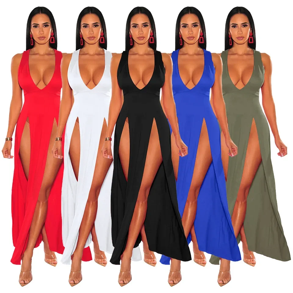

Sexy Deep V Neck Dress Women High Split Bodycon Cocktail Party Maxi Formal Evening Dress Solid Red Summer Long Club Dress