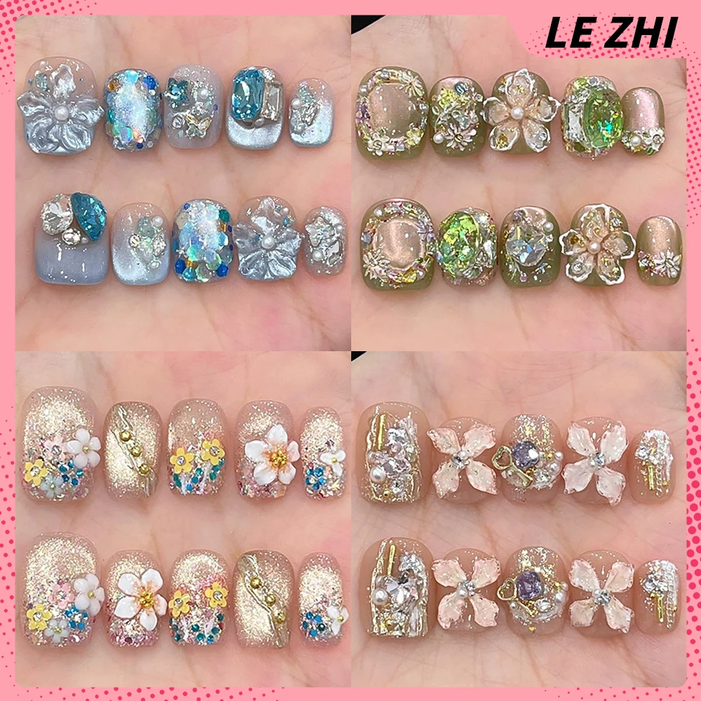 

10Pcs Cat Eyes Short Square Round Handmade Nail Party Sticker Shining Butterfly Diamond Flowers Pearl Wearable Full Cover Nails