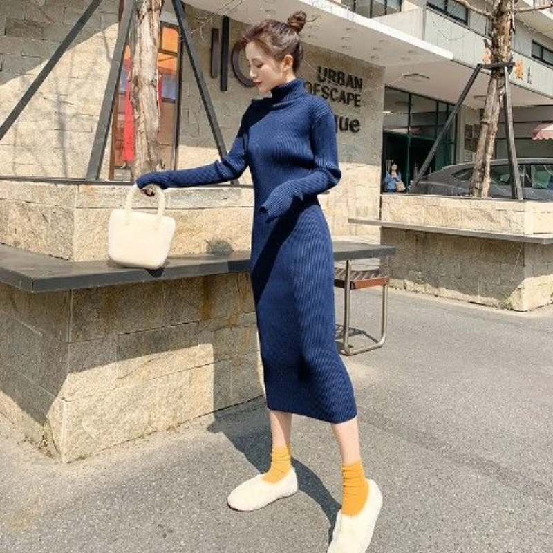 Sukienka damska z golfem, dzianinowa, brązowa, szydełkowa, beżowa, odzież w stylu koreańskim, promocja, nowości, dzianina, Y2k