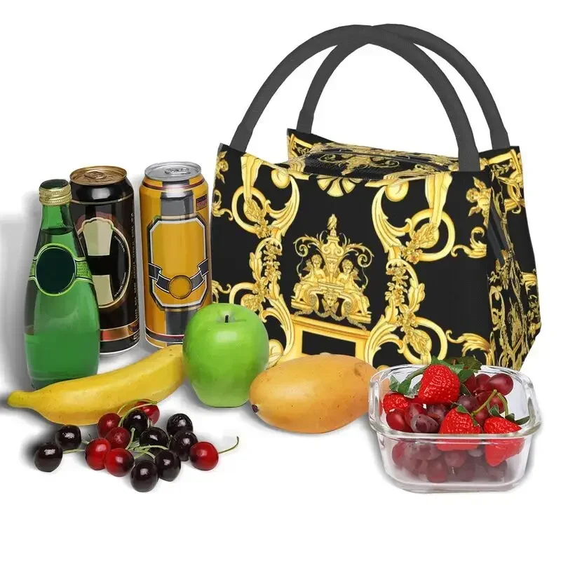 Luxury Golden Europe Floral Insulated Lunch Bag for Work Office Leakproof Thermal Cooler Lunch Box Women