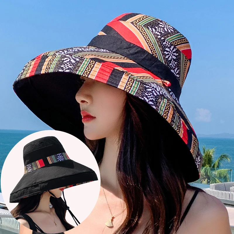 Women Bucket Hat Wide Brim Sun Hats Metal Wired Edge Summer UV Protection UPF Boho Cap for Beach Hiking Garden Travel Chin Strap