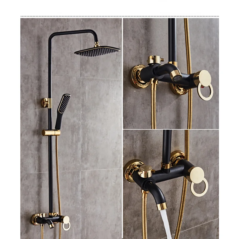 All Copper Black Gold Shower Set Bathroom  Lift And 360° Rotation  Head Pressurized Rain