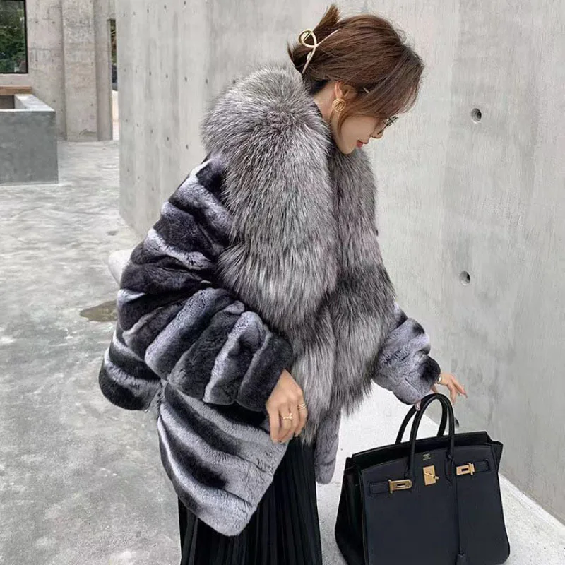 Autumn Winter Rex Rabbit Fur Jacket Women Overcoat Loose Luxury Silver Fox Fur Thick Warm Parker Coat Fur Collar Mao Mao Clothes