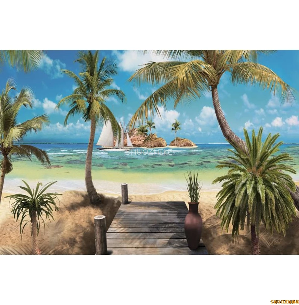 Fondo de playa de verano, mar, océano, hojas de palmera, Aloha, fiesta en la playa, cumpleaños, vacaciones, retrato, fotografía, fondo, decoración, utilería