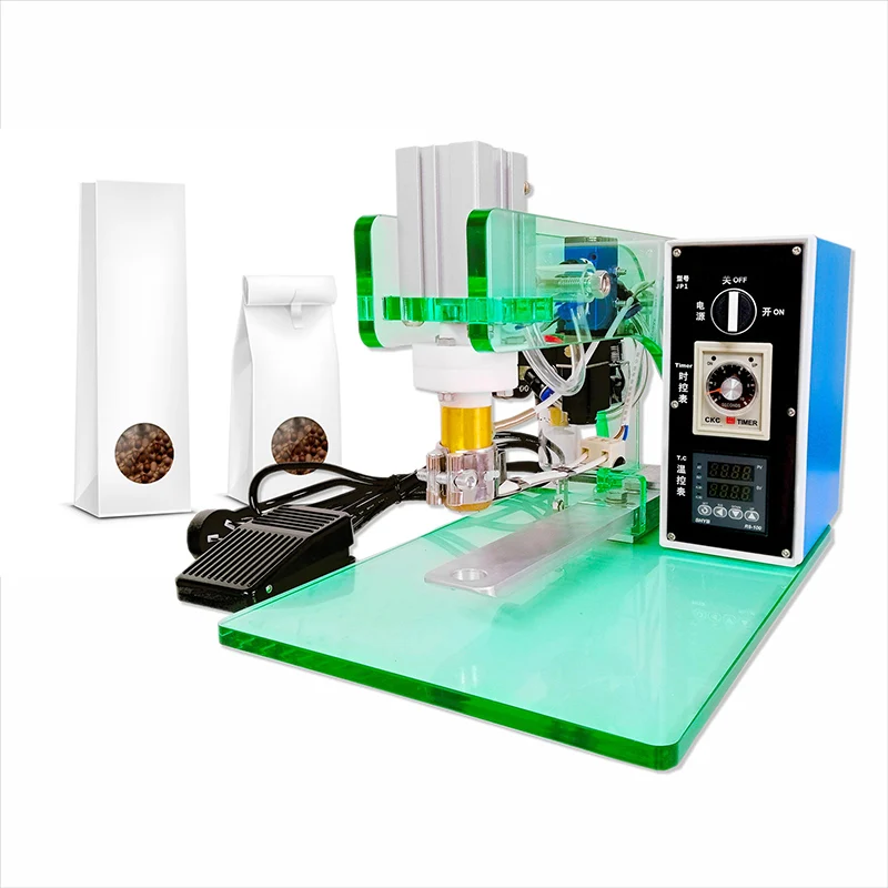 Máquina Semiautomática JP1 para Aplicar Válvulas de Desgasificación y Etiquetas Térmicas en Café
