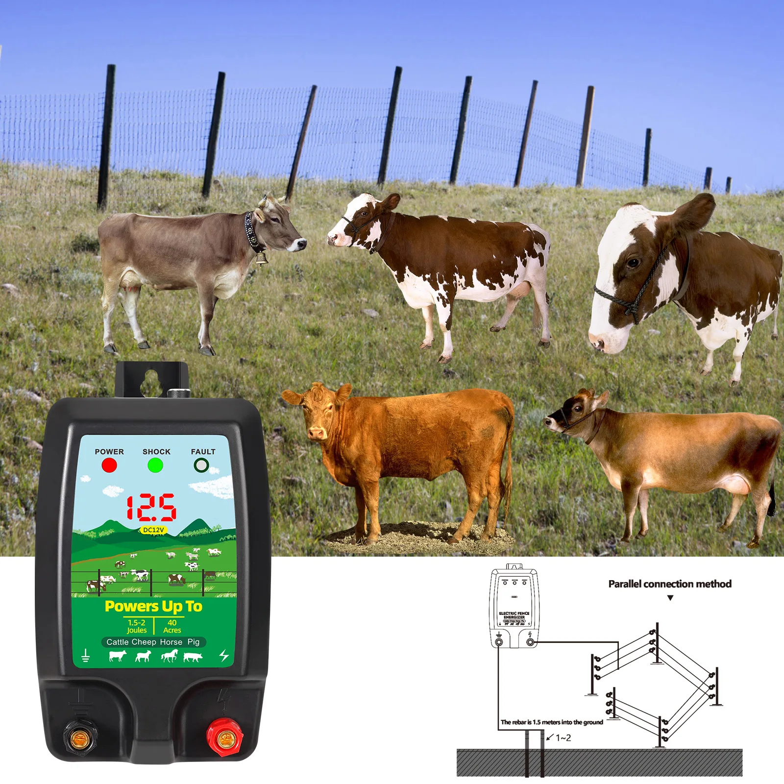 

10KM Electric Ranch Fence Energizer Livestock High Voltage Controller Farm Animals Sheep Cattle Horse Poultry Fence Tool