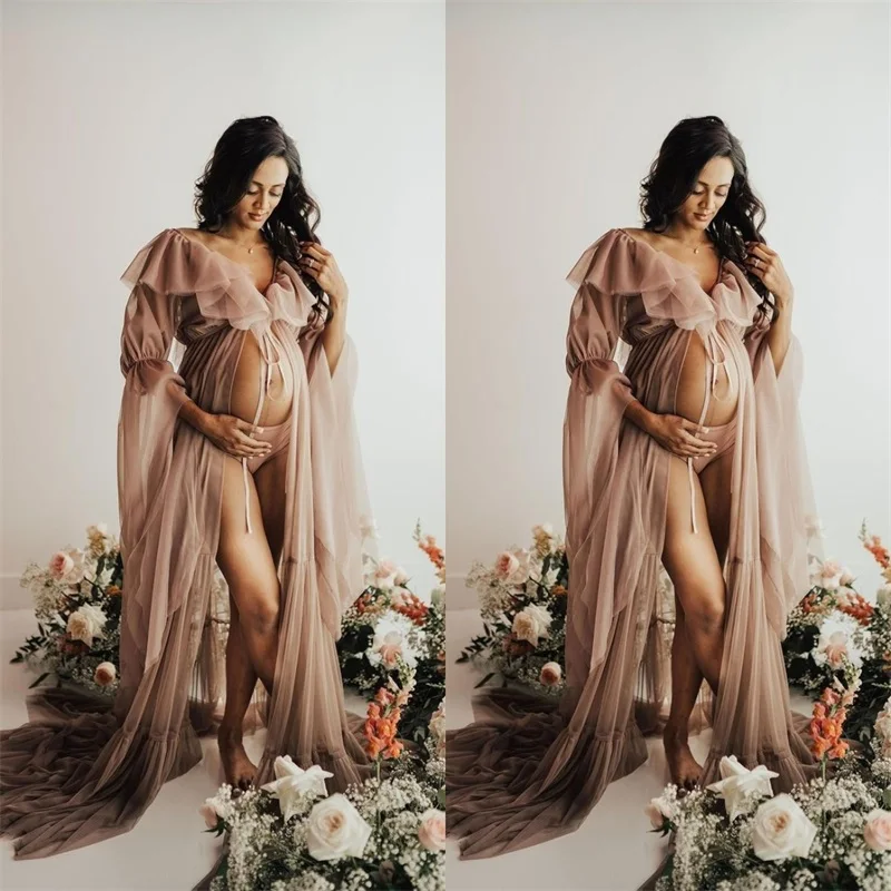 Khaki Tulle Bridal Maternity Dresses for Photo Shoot Baby Shower Pregnant Full Sleeves V Neck Custom Made Women Prom Gown