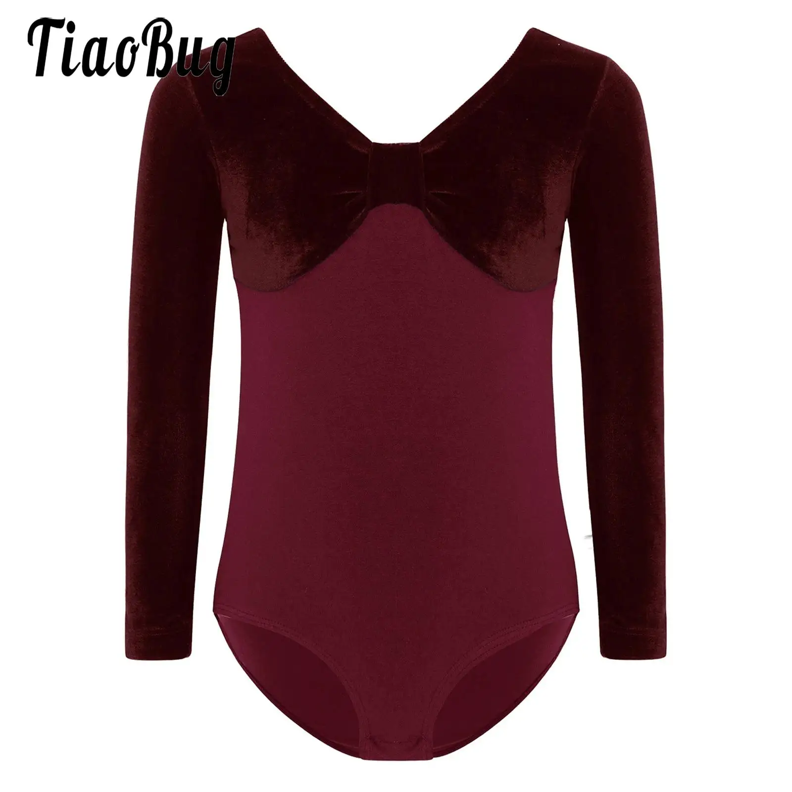 

Kids Girls Gymnastic Ballet Dance Costume Leotards Velvet Patchwork Long Sleeves Press Button Crotch Bodysuit Skating Dancewear