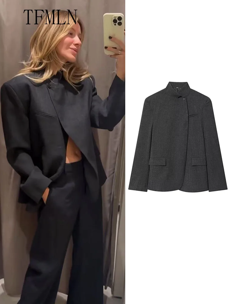 

Осенний повседневный пиджак в стиле ретро 202, куртки для женщин, винтажная верхняя одежда с воротником-стойкой и длинными рукавами, модные свободные пальто на одной пуговице