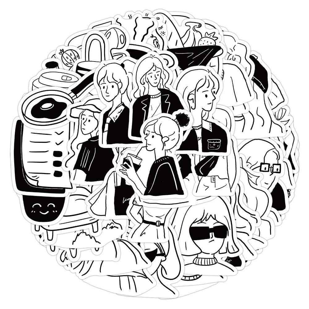 60PCS Black and White Girls Daily Life Graffiti Stickers For Luggage Phone Case Laptop Notebook Decals Peel Joy Sticker Store