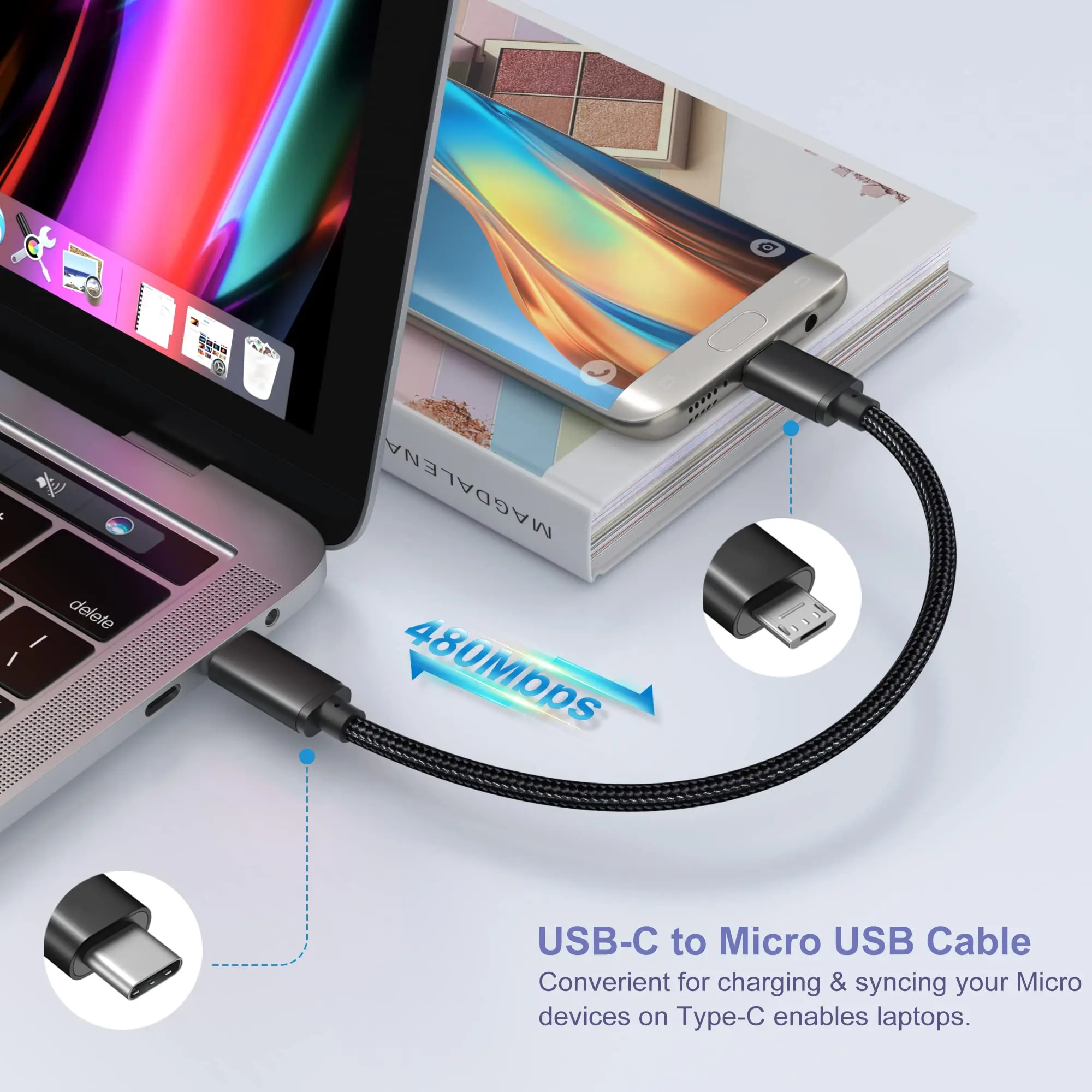 Type C to Micro USB Cable Fast Charging USB C to USB Micro Adapter for Power Bank Samsung Galaxy S7 S6, J7, J3, LG, HTC, PS4