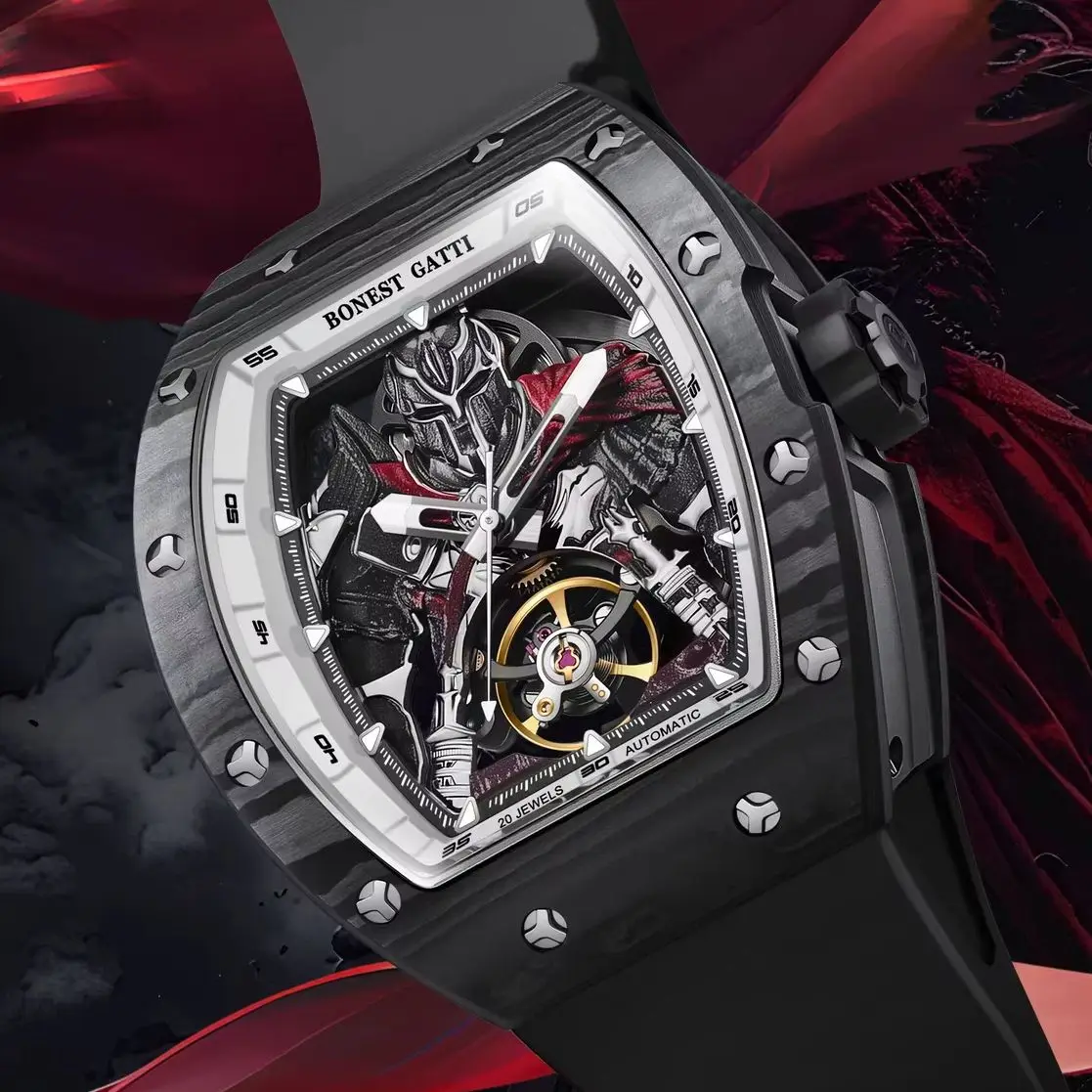 BONEST GATTI Men Automatic Watch Tonneau Mechanical Wristwatch Luminous Carbon Fiber Case Sapphire Warrior Dial FKM Strap