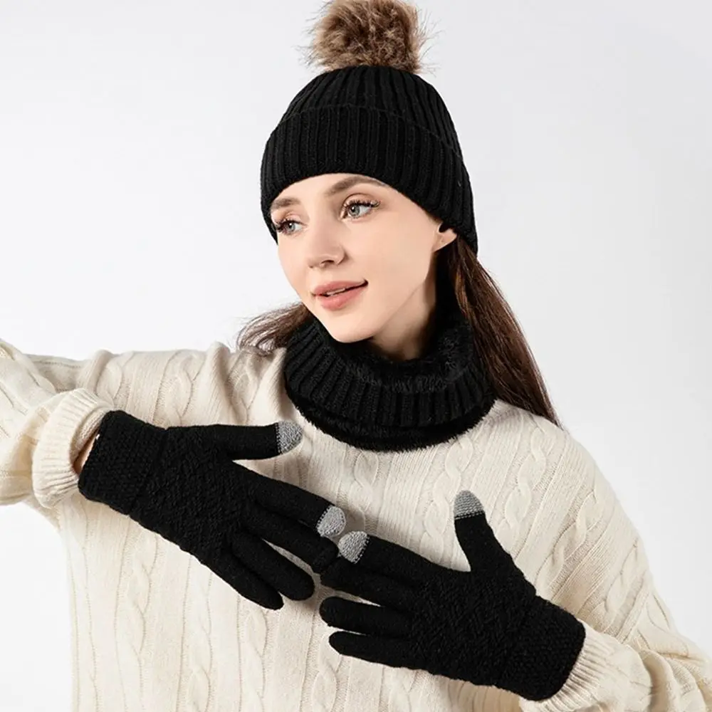 3Pcs/Set Warm Winter Hat Scarf Gloves Set Lining Windproof Knit Beanie Snood Set Elastic Soft Touchscreen Gloves for Men Women