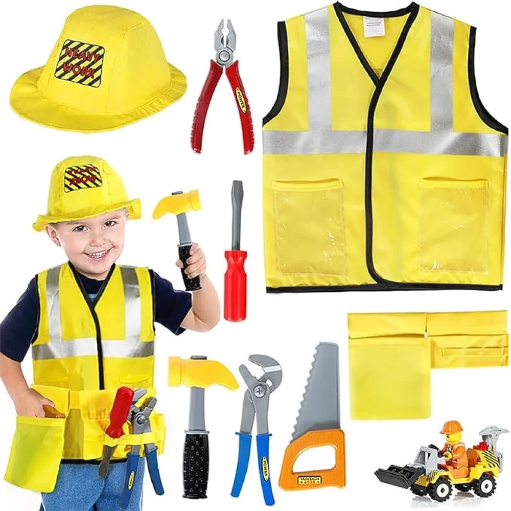 Construction Worker Costumes for Boys, Toddler Dress Up Clothes, Kid Builder Career Outfit, Tool Belt Vest Hat Pretend Role Play