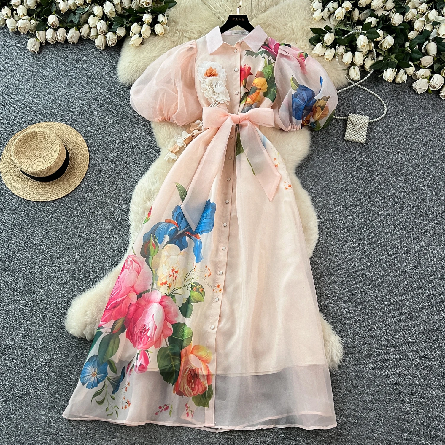 

ALPHALMODA 2025 New, Turn-down Collar, Lantern Short-sleeved, 3D Flowers, Floral Printed, Single Breasted, Vintage Women Dress