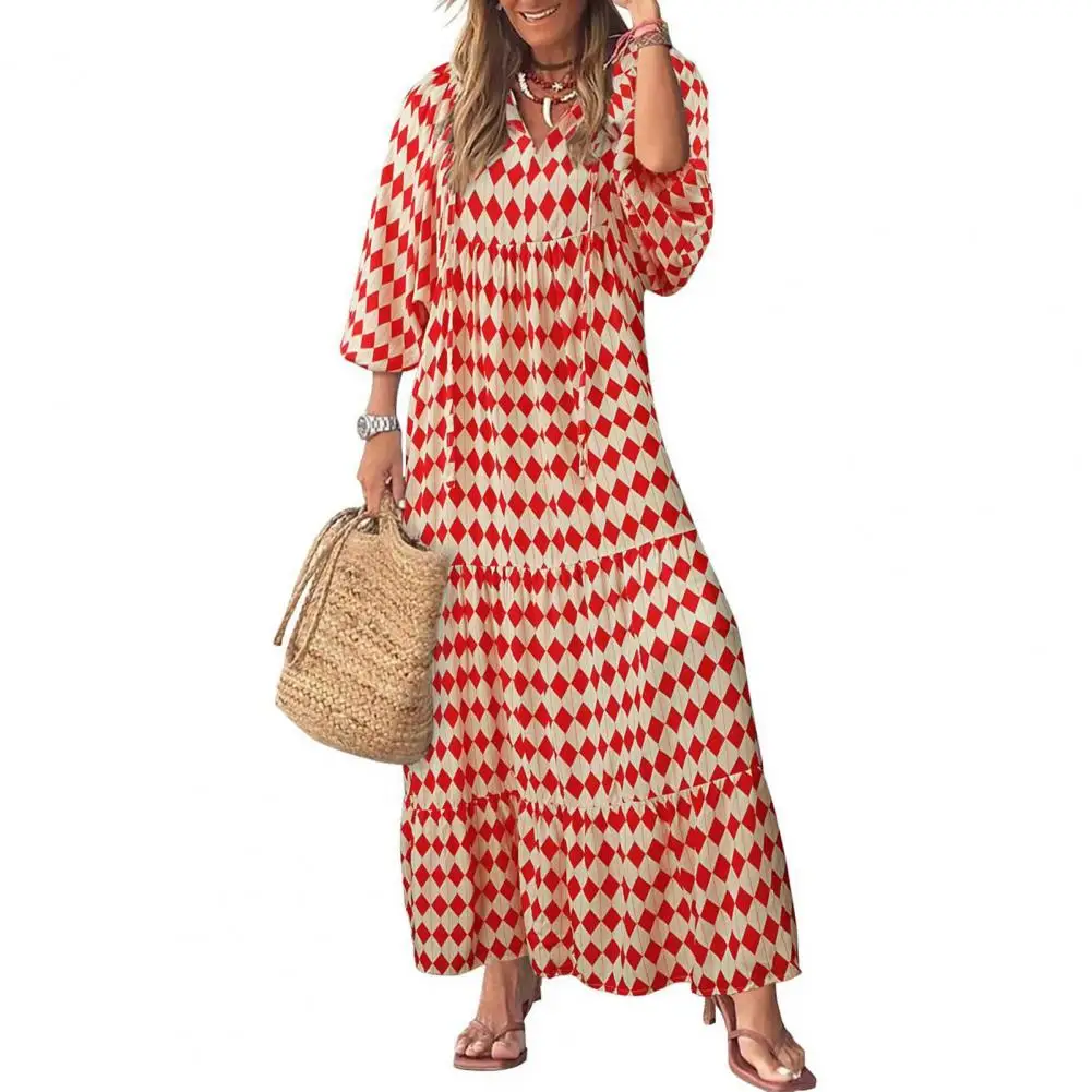 

Women's Fall Dress Puffed Sleeve V-neck Print A-line Loose Ankle Patchwork Bohemian Beach Dress