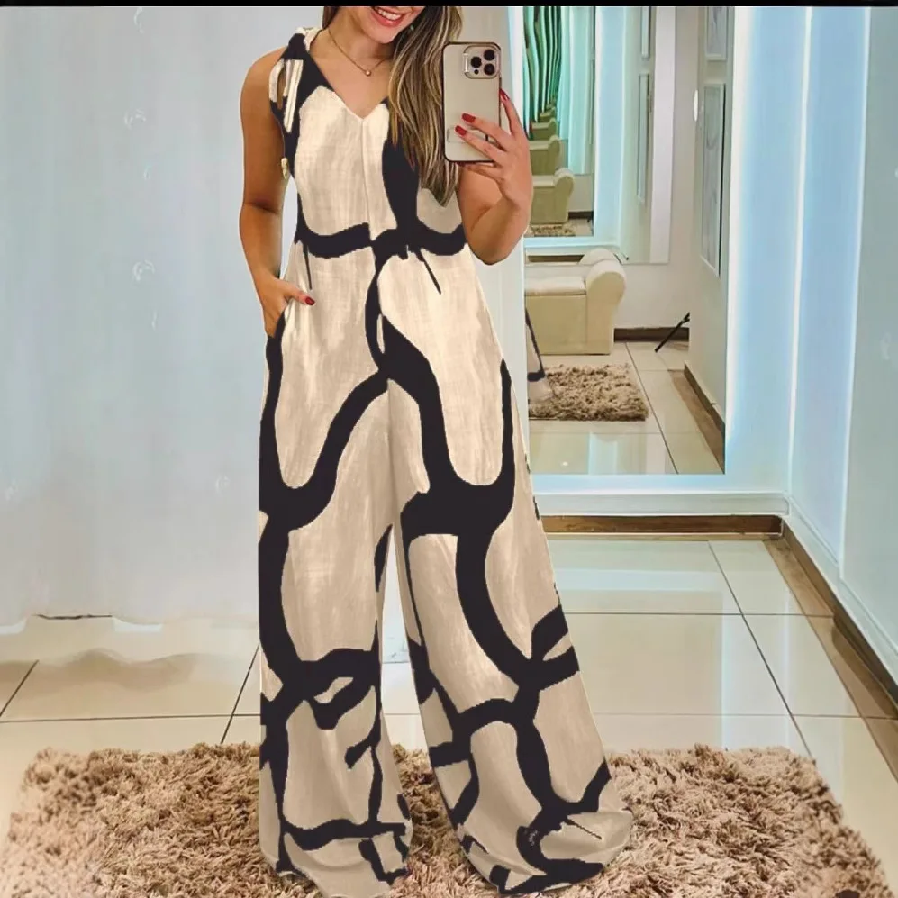 

Casual Printed Straps Backless Sleeveless Jumpsuits For Women 2025 Summer Women Loose Zipper Floor Romper