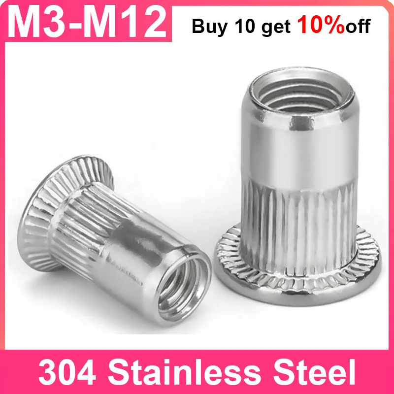 

Rivet Nuts 304 Stainless Steel Rivnut Flat/Small/Large Head Threaded Nut M3 M4 M5 M6 M8 M10 M12 Stripe Rivets Insert Nutsert Cap