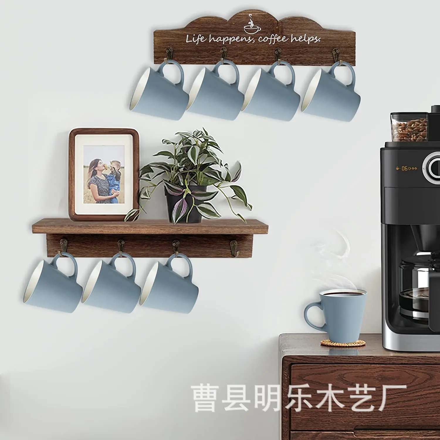 

Rustic Wooden Wall-Mounted Coffee Cup Holder - Country Style, Ideal for Household & Coffee Bar Decoration
