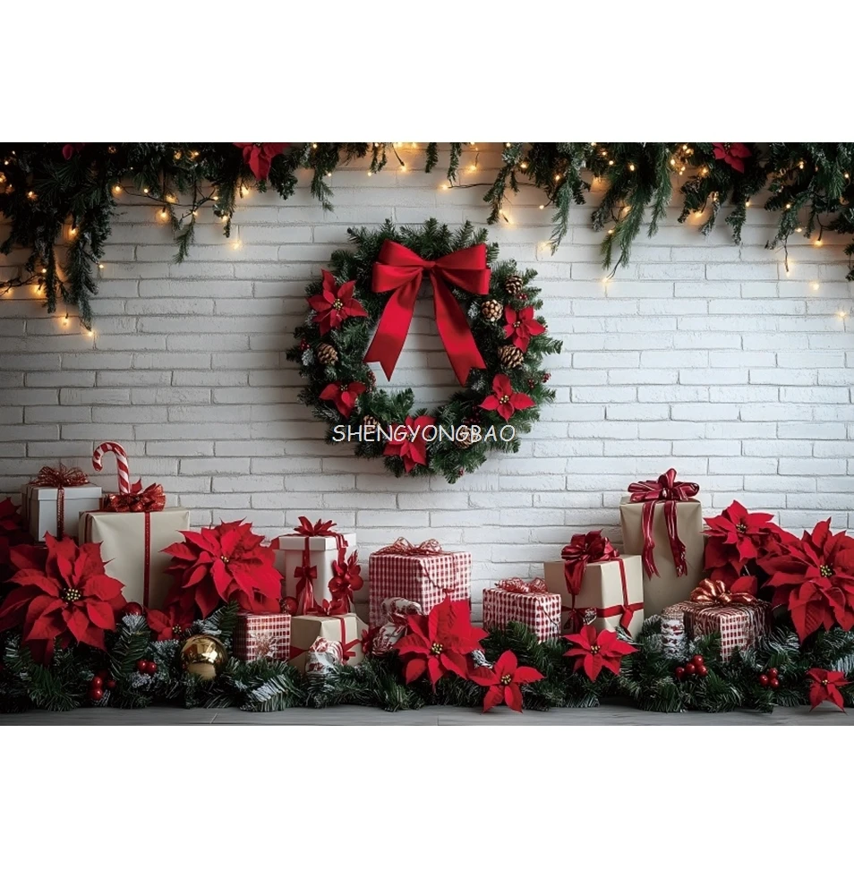 الهدايا إكليل الأبيض الطوب جدار خلفية عيد الميلاد الطفل الاطفال صورة الأسرة حفلة التصوير خلفية ديكور صور استوديو الدعائم