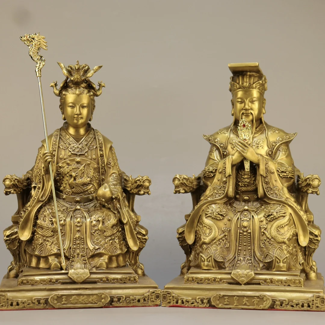 

12"Tibetan Temple Collection Old Brass Jade Emperor Queen Mother of the West Sitting Dragon chair statue Worship Hall Town house