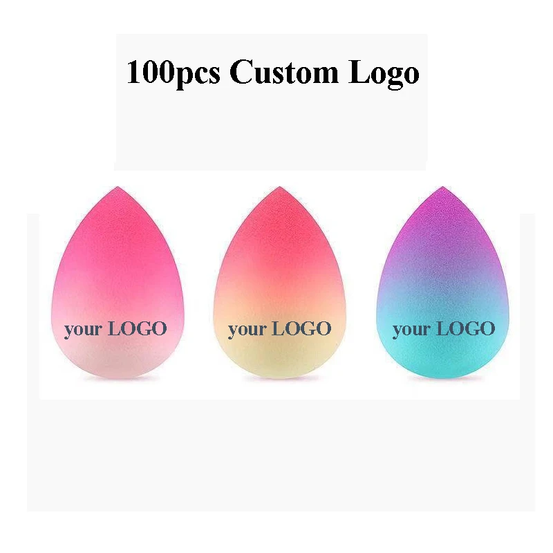 Print LOGO 100pcs Makeup Sponge Gradient Color Water Drop Foundation Concealer Sponge Powder Cosmetic Puff Make Up Label