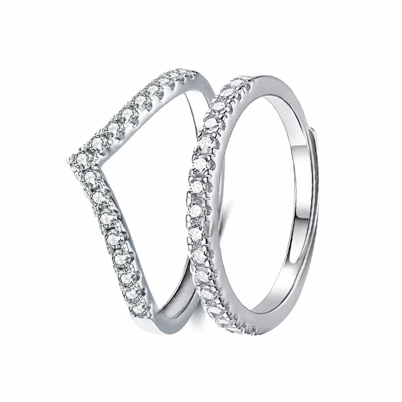 V shaped geometric ring with adjustable open band featuring prong set zircon stones in light luxury design ideal for stacking or