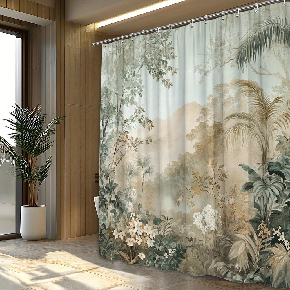1pc Tropical Jungle Watercolor Shower Curtain - Lush Rainforest Design with Palm Leaves, Ferns & Misty Mountains in Soft Muted T