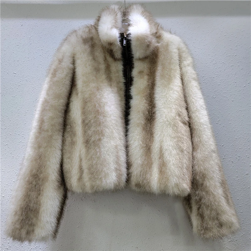 DEAT Women's Coat Stand Collar Tie-dye Faux Fur Thick Zipper Long Sleeve Female Warm Jackets 2025 New Fashion Spring 29L9031