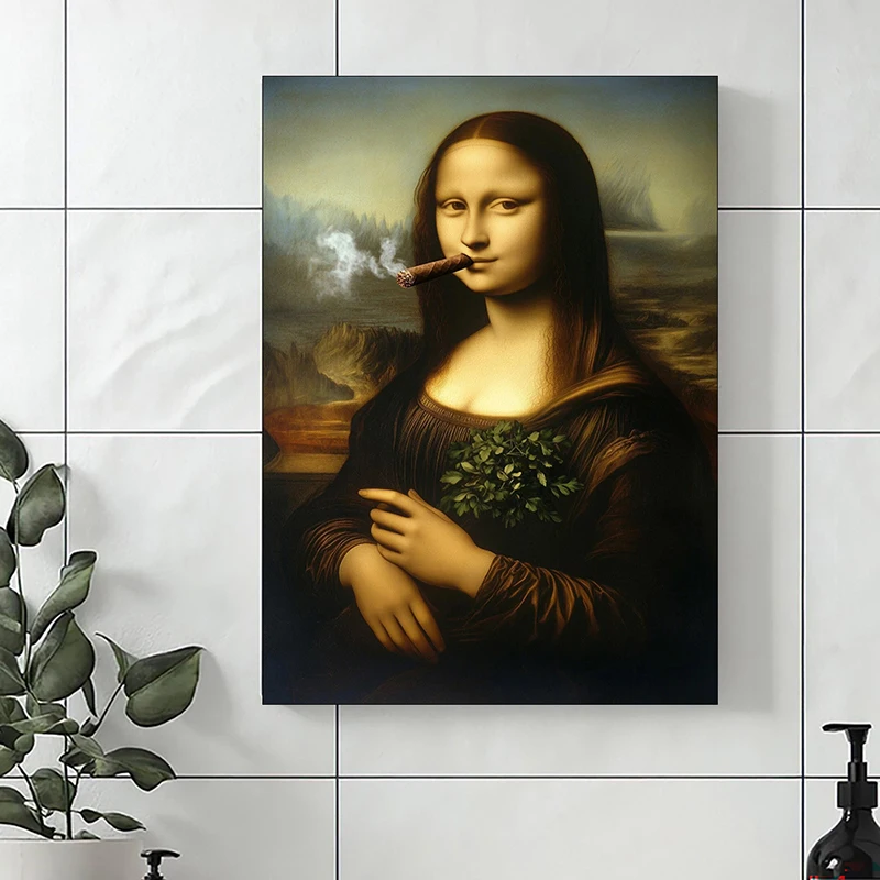 

Mona Lisa Smoking A Cigar Funny Portrait Poster Print Fashion Creativity Diamond Wall Art Picture for Living Room Home Decoratio