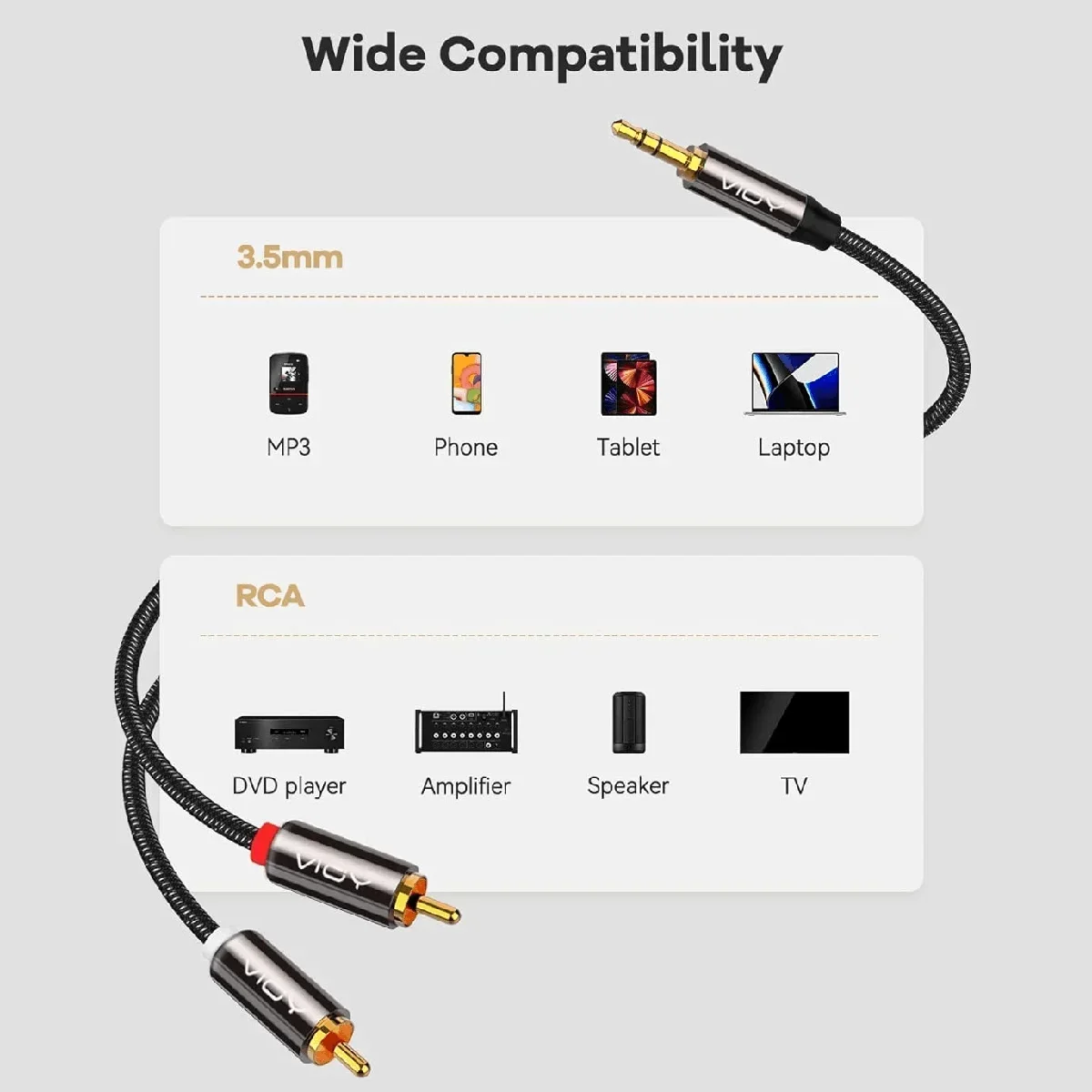 Stereofoniczny kabel audio RCA do 3,5 mm 100% ekran 3,5 mm męski do 2RCA męski Przewód Aux do smartfona Tablet Głośnik Kino domowe HDTV itp.