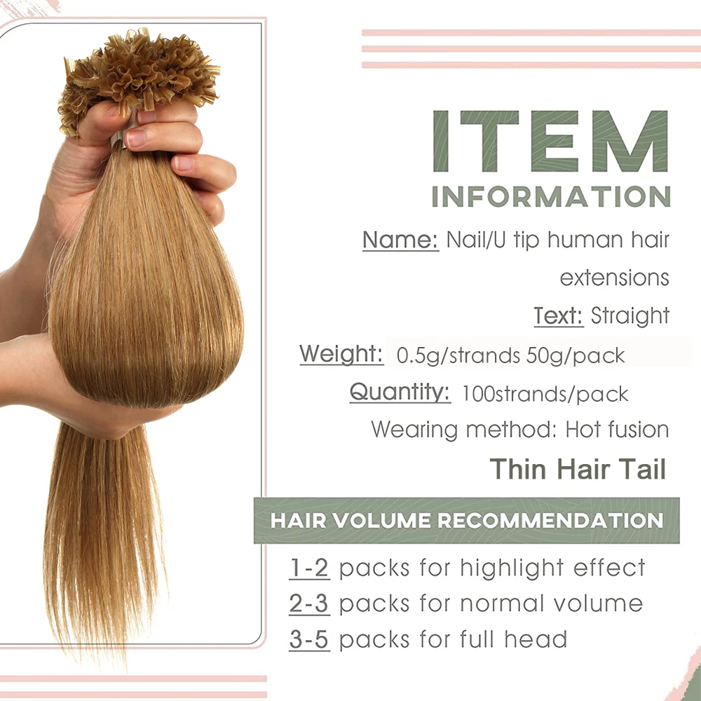 Rich Choices 100 Strands U Tip Hair Extensions Pre Bonded Human Hair 0.5g/s Nail Tip Italian Keratin Fushion Hairpiece Straight