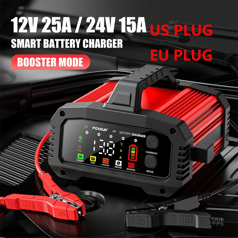 EAFC 12V 24V 25A Car Battery Charger with Booster Portable Smart Pulse Repairfor for Cars LiFePO4 Truck Boat