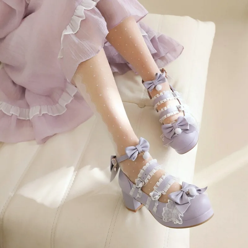 Sweet Lace Ruffled Girls Shoes Women High Heels Mary Jane Pumps Party Wedding White Pink Black Bow Princess Cosplay Lolita Shoes