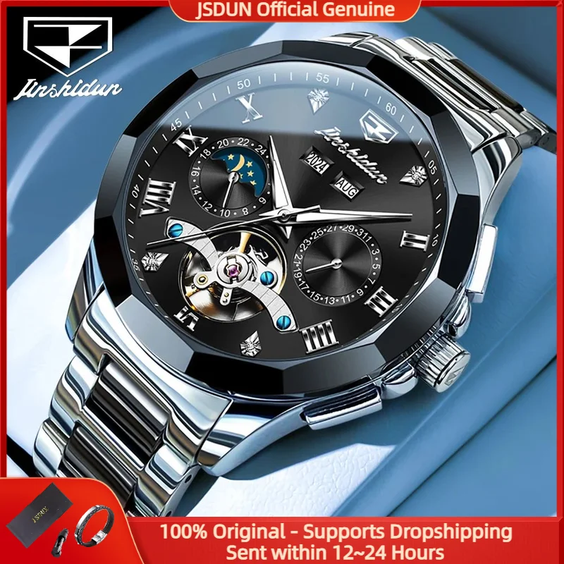 

JSDUN 8949, полностью автоматические механические мужские часы, керамический календарь, фаза Луны, оригинальные мужские часы, роскошные мужские часы с полым маховиком