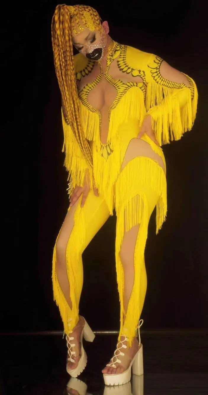 Rhinestones yellow Tassel Stretch Skinny Jumpsuit Long Sleeve Spandex Fringe Printed Leotard Stage Wear Nightclub Party Costume