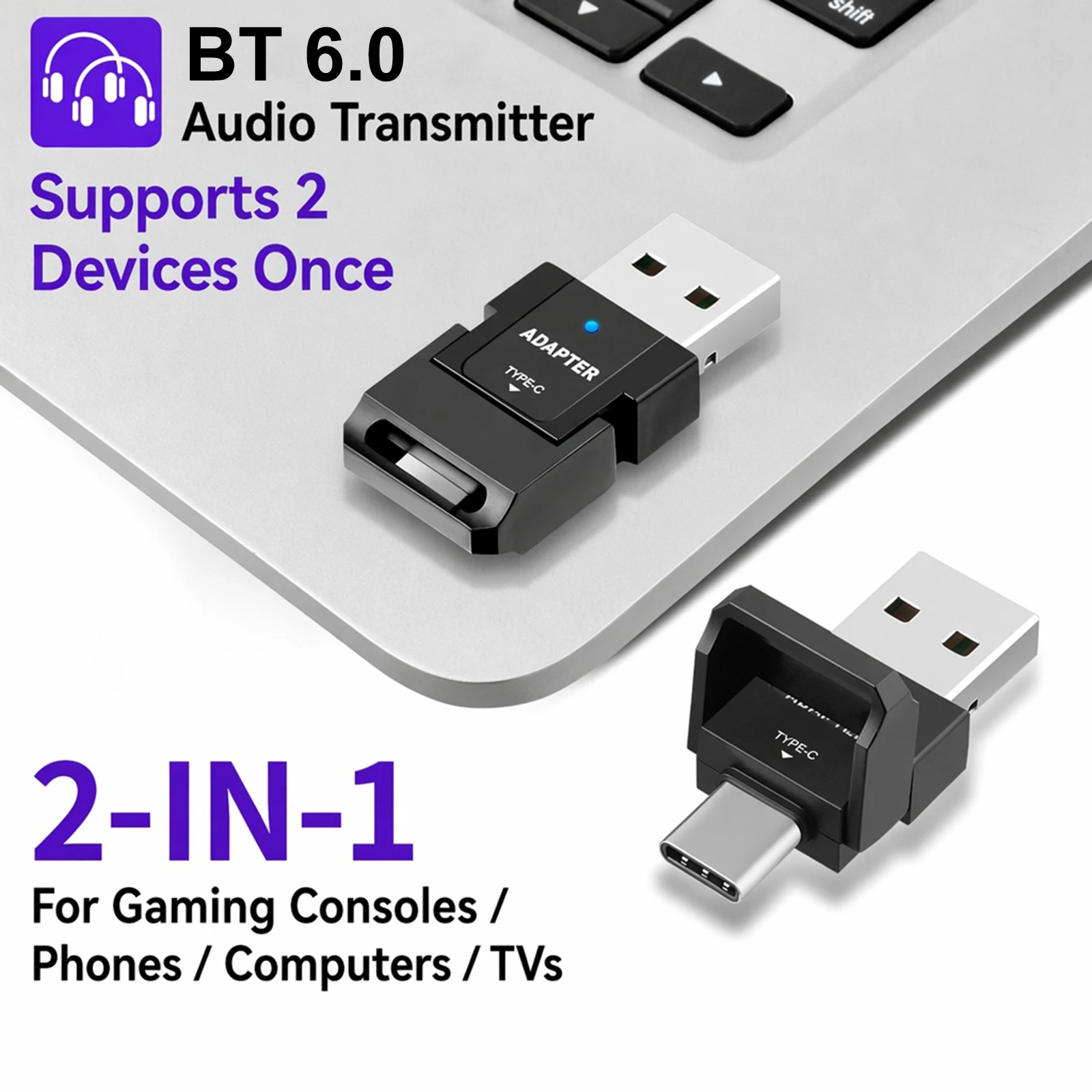 USB Bluetooth-compatible 6.0 Audio Transmitter Type-C Plug Play Dual Headphone for Gaming Console Windows
